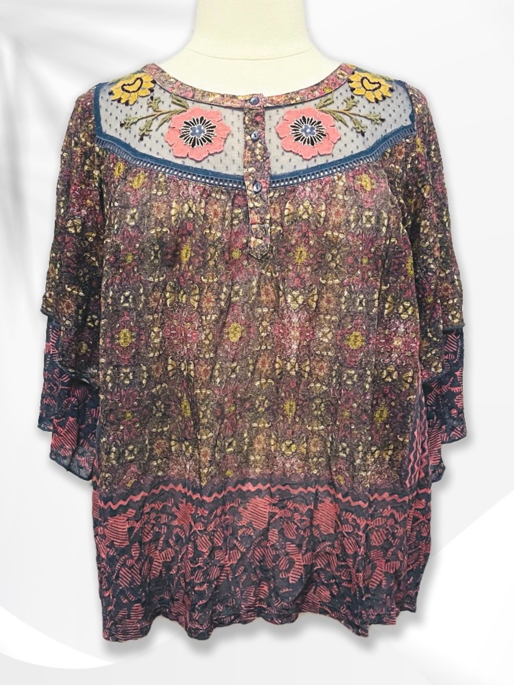 Anthropologie Postmark Ciutadella Embroidered Mesh Blouse sz XL